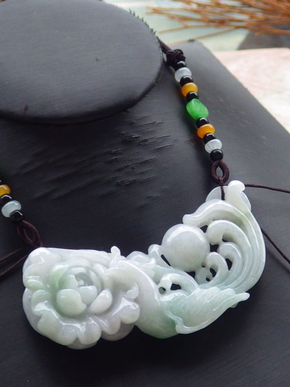 Certified Natural Grade A Jade jadeite Phoenix Lotus Flower Pendant Necklace
